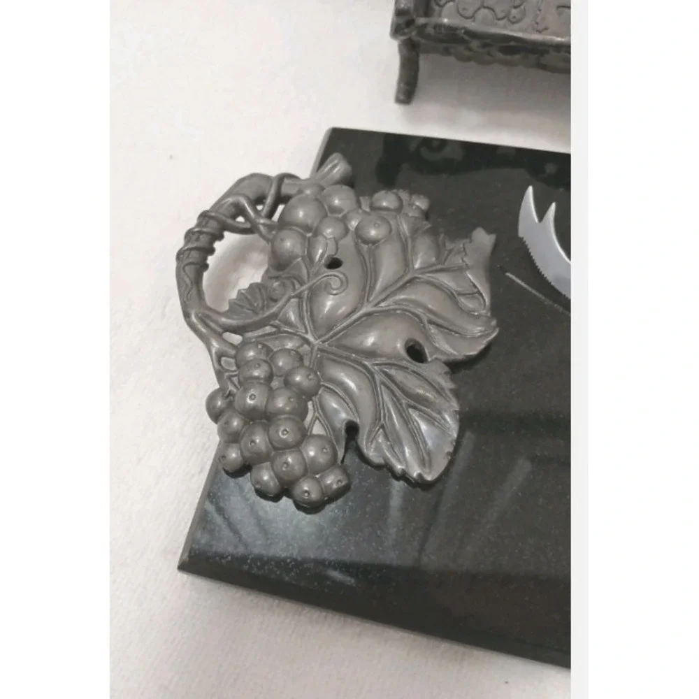 Arthur Court Grapes Set Black Marble Cheese Board Silver Tray Charcuterie